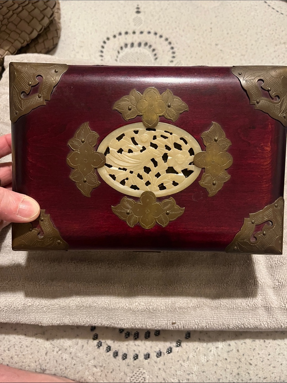 Vintage Style Red Wood Jewelry Box with Brass Accents